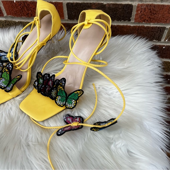 Yellow and Multicolored Strappy Embroidered Butterfly Clear Ice Pump Heels - Picture 3 of 7